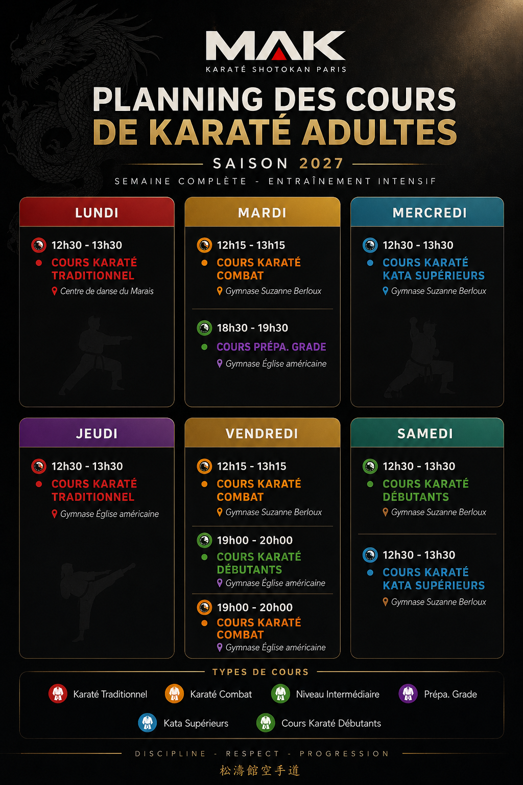 Club Karate Paris Planning Cours Karaté Adultes MAK